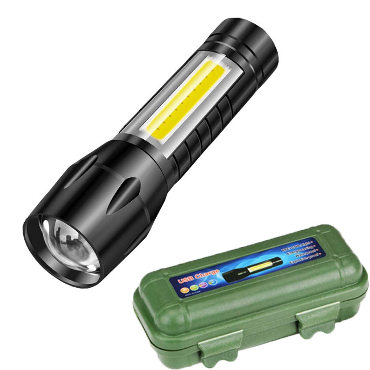 Mini LED Flashlight with COB Light - USB Rechargeable, Waterproof, 3 Modes, Portable Pen Clip Light (Black)