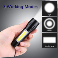 Mini LED Flashlight with COB Light - USB Rechargeable, Waterproof, 3 Modes, Portable Pen Clip Light (Black)