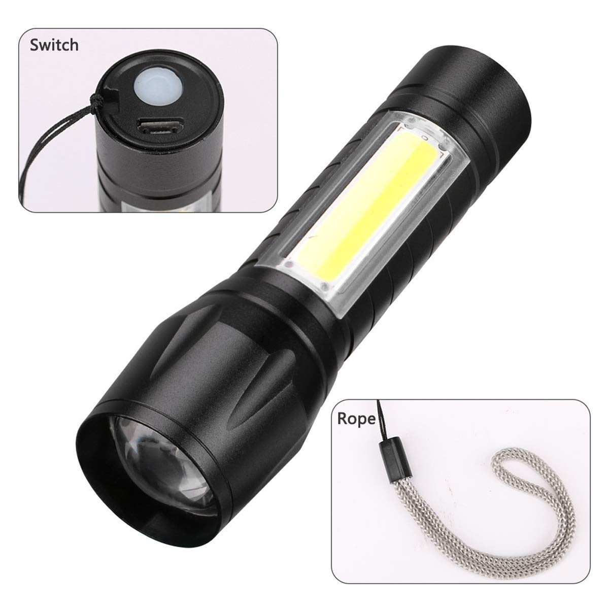 Mini LED Flashlight with COB Light - USB Rechargeable, Waterproof, 3 Modes, Portable Pen Clip Light (Black)